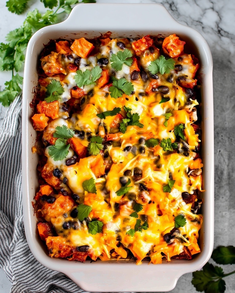 A white rectangular baking dish filled with a baked casserole showing three main visible layers: the bottom layer has chunks of orange sweet potatoes, followed by a middle layer with black beans scattered throughout, and the top layer is covered with melted yellow and white cheese. Fresh green cilantro leaves are sprinkled on top, adding a touch of color. The dish sits on a white marbled surface, with a small part of a striped cloth and some leaves visible in the corner. photo taken with an iphone --ar 4:5 --v 7