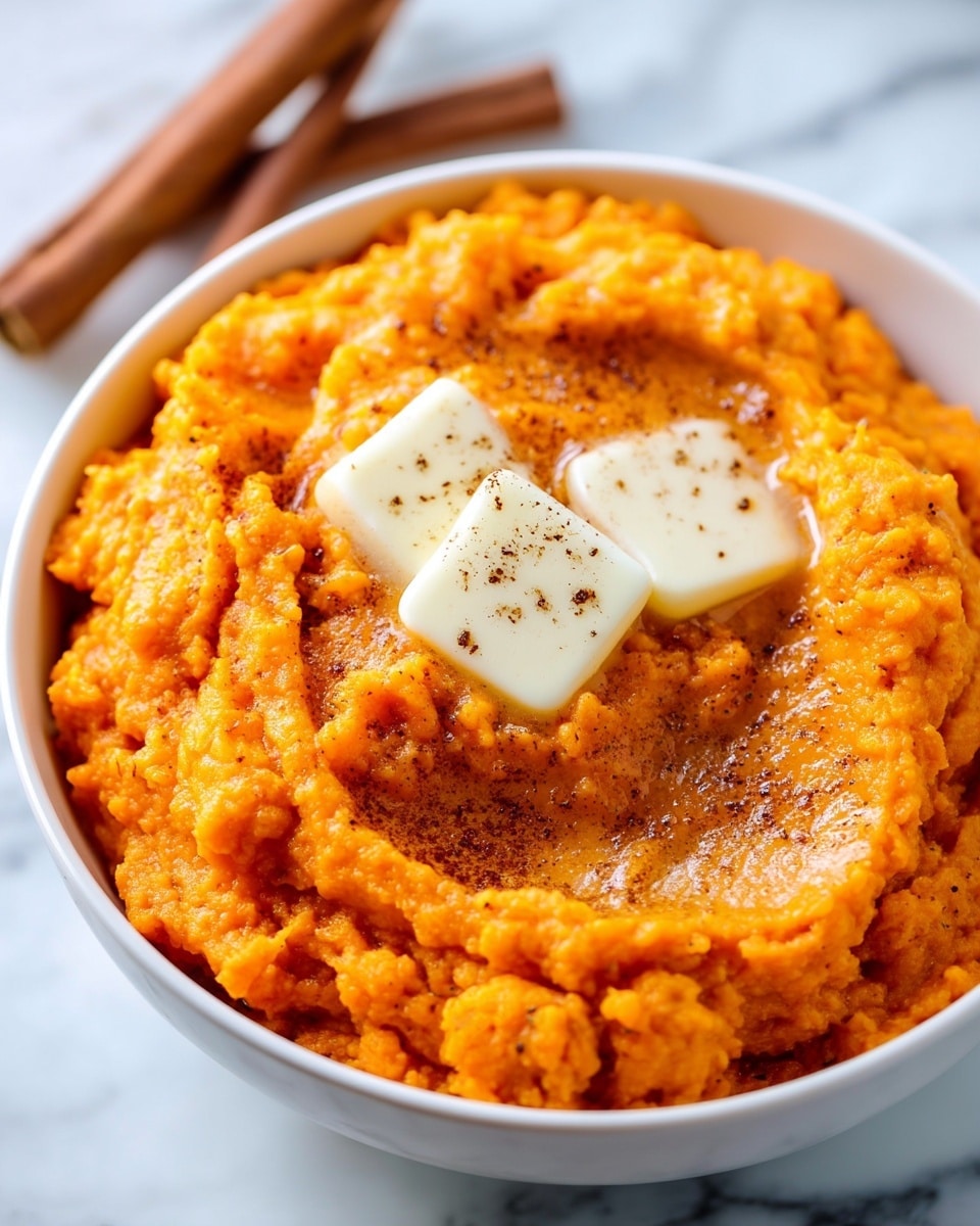 A white speckled bowl filled with bright orange mashed sweet potatoes with a smooth but slightly chunky texture, topped with a square of melting butter in the center, sprinkled with coarse black pepper. A silver spoon rests inside the bowl on the right side, slightly digging into the mash. The bowl sits on a white marbled surface, with a beige cloth in the background and a small wooden container filled with coarse salt nearby. photo taken with an iphone --ar 4:5 --v 7