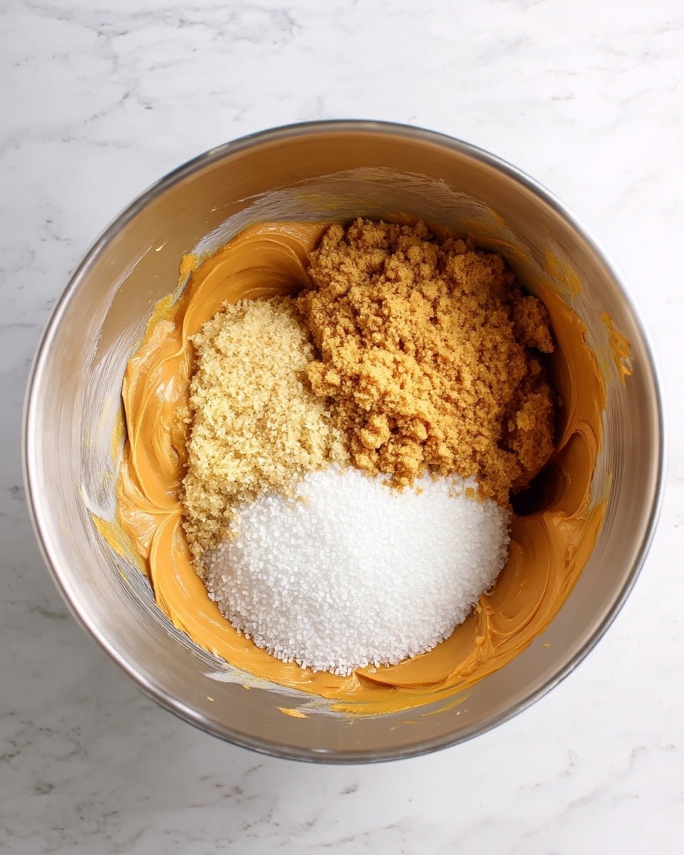 A large silver metal mixing bowl contains three main layers: the bottom layer is a smooth, creamy light brown peanut butter spread evenly across the surface of the bowl, the right layer is a mound of soft, crumbly golden brown sugar, and the left layer is a pile of fine, white granulated sugar. The bowl sits on a white marbled textured surface. photo taken with an iphone --ar 4:5 --v 7