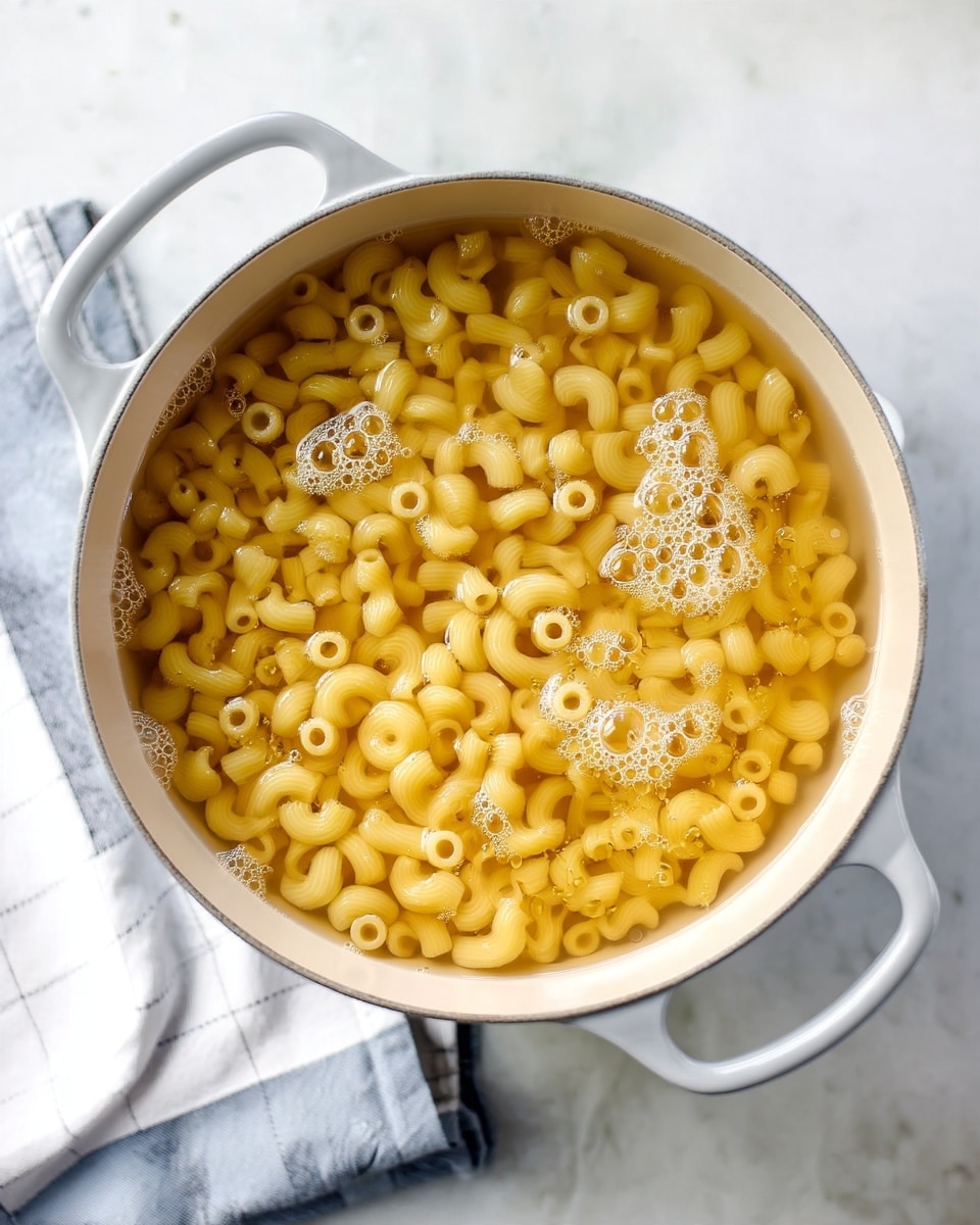 A white cooking pot with two handles sits on a white marbled surface. Inside the pot, small elbow macaroni pasta floats in clear boiling water, with some bubbles visible on the surface. The pasta is a light yellow color, fully submerged and scattered evenly across the pot's bottom. A folded cloth with a blue strip lies next to the pot. photo taken with an iphone --ar 4:5 --v 7