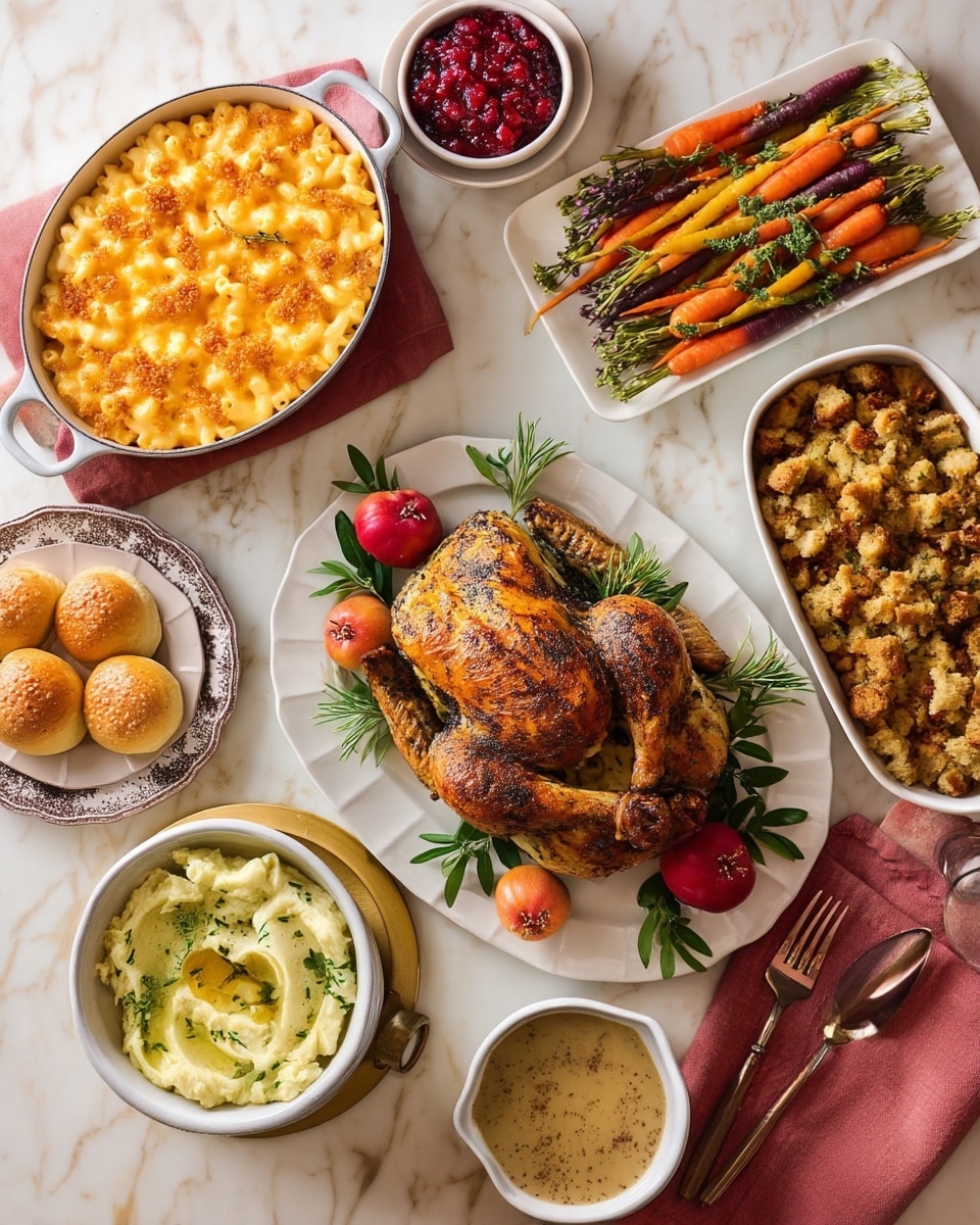 The image shows a table full of food on a white marbled surface with a warm cloth underneath. At the center, there is a roasted whole chicken with golden brown skin on a white plate, surrounded by green leaves and small red fruits. To the left, a large white pan holds baked macaroni and cheese with a crispy golden top. Nearby, a small white plate holds two round bread rolls. Below the chicken, a white bowl filled with creamy mashed potatoes topped with melted butter and green herbs sits next to a spoon. To the right of the chicken, a white bowl contains a light brown gravy with black pepper sprinkled on top. A brown oval dish holds stuffing with chunks of bread and herbs. Above this, a small white bowl contains bright red cranberry sauce with a spoon. At the top, a white platter holds a mix of cooked carrots in orange, yellow, and purple colors, garnished with green herbs. Also visible are plates with pink cloth napkins and silver cutlery arranged around the table. photo taken with an iphone --ar 4:5 --v 7
