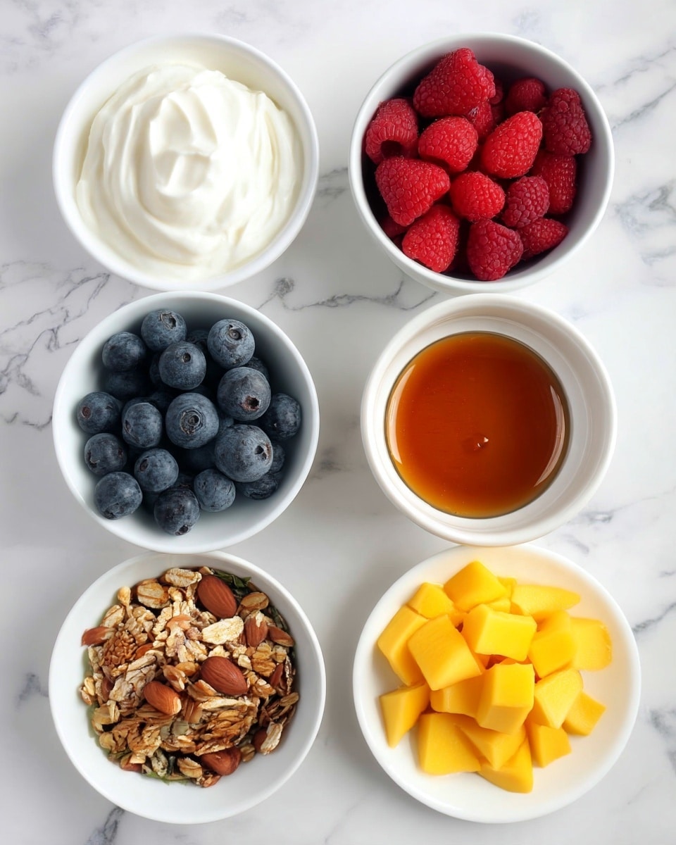 The image shows six small white bowls arranged on a white marbled surface. One bowl contains thick white yogurt with a smooth texture on the top left. To its right, there is a small bowl with golden brown honey. Below the honey bowl is a bowl filled with round, bright red raspberries. On the bottom right is a bowl with bright yellow mango cubes. Below the yogurt bowl to the left, there is a bowl of fresh dark blue blueberries. Finally, at the bottom left is a bowl of mixed granola with oats and almonds, showing a rough and crunchy texture. All the items are neatly shown with distinct colors and textures, creating a fresh and healthy look. Photo taken with an iphone --ar 4:5 --v 7