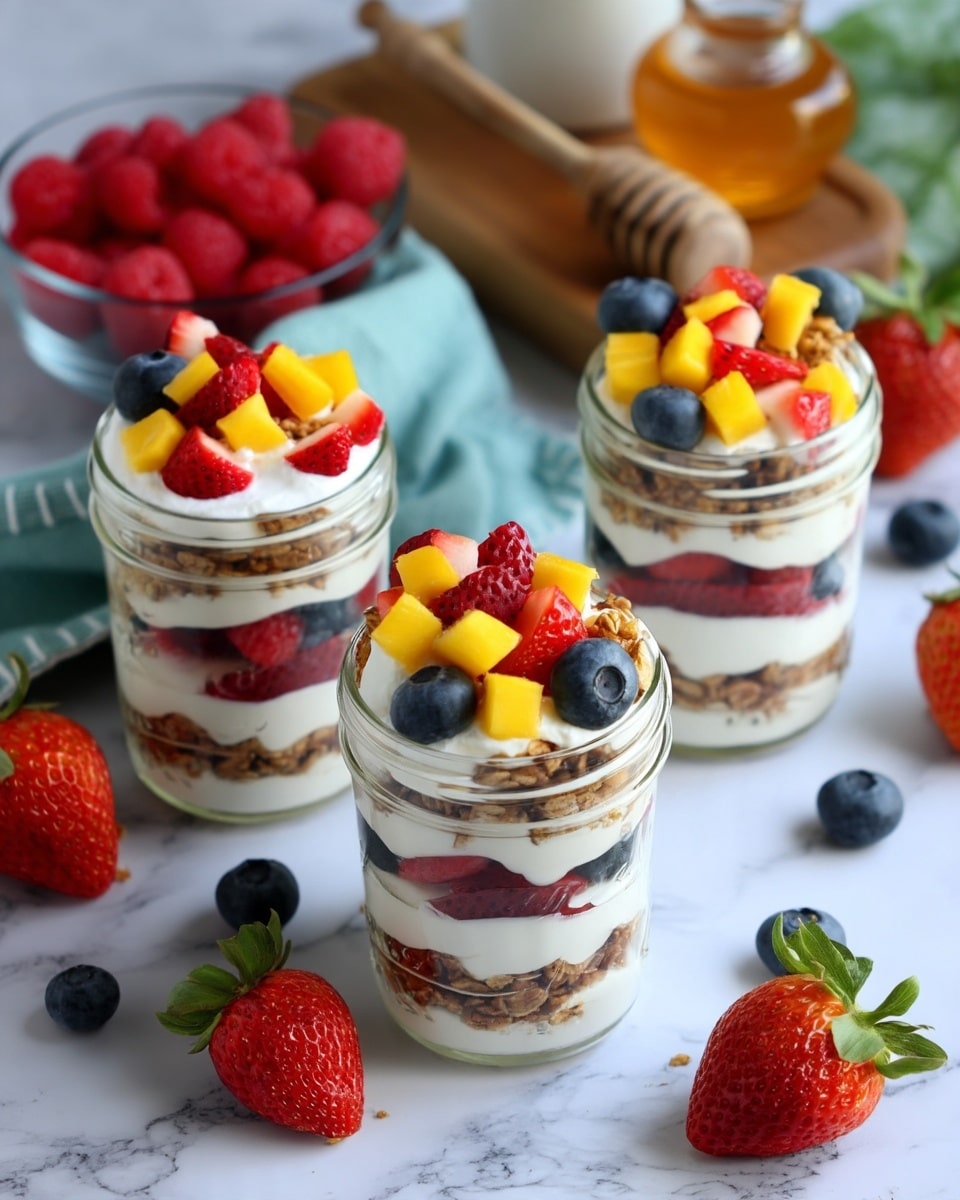 Three clear glass jars are filled with four layers each: a bottom layer of crunchy granola in light brown, followed by a white creamy layer, then a layer of mixed red strawberries and blue blueberries, another white creamy layer, more granola, and topped with white cream. On top of each jar, colorful diced yellow mango, red strawberries, and whole blueberries add a fresh look. The jars sit on a white marbled surface with scattered strawberries and blueberries around. In the background, there is a clear bowl filled with red raspberries and blueberries, a white container with a honey dipper, and a green cloth. photo taken with an iphone --ar 4:5 --v 7