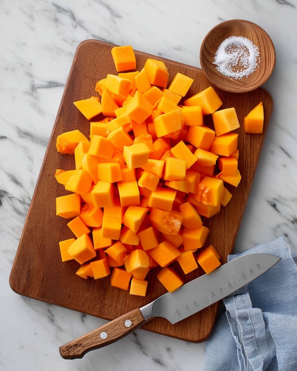 The image shows a wooden cutting board placed on a white marbled surface. On the board, there are many bright orange cubes of diced butternut squash piled up. To the top right of the board, there's a small round wooden bowl containing some coarse salt. At the bottom right side of the board rests a sharp kitchen knife with a silver blade and a wooden handle. Part of a light blue cloth is visible near the knife on the white marbled surface. Photo taken with an iphone --ar 4:5 --v 7