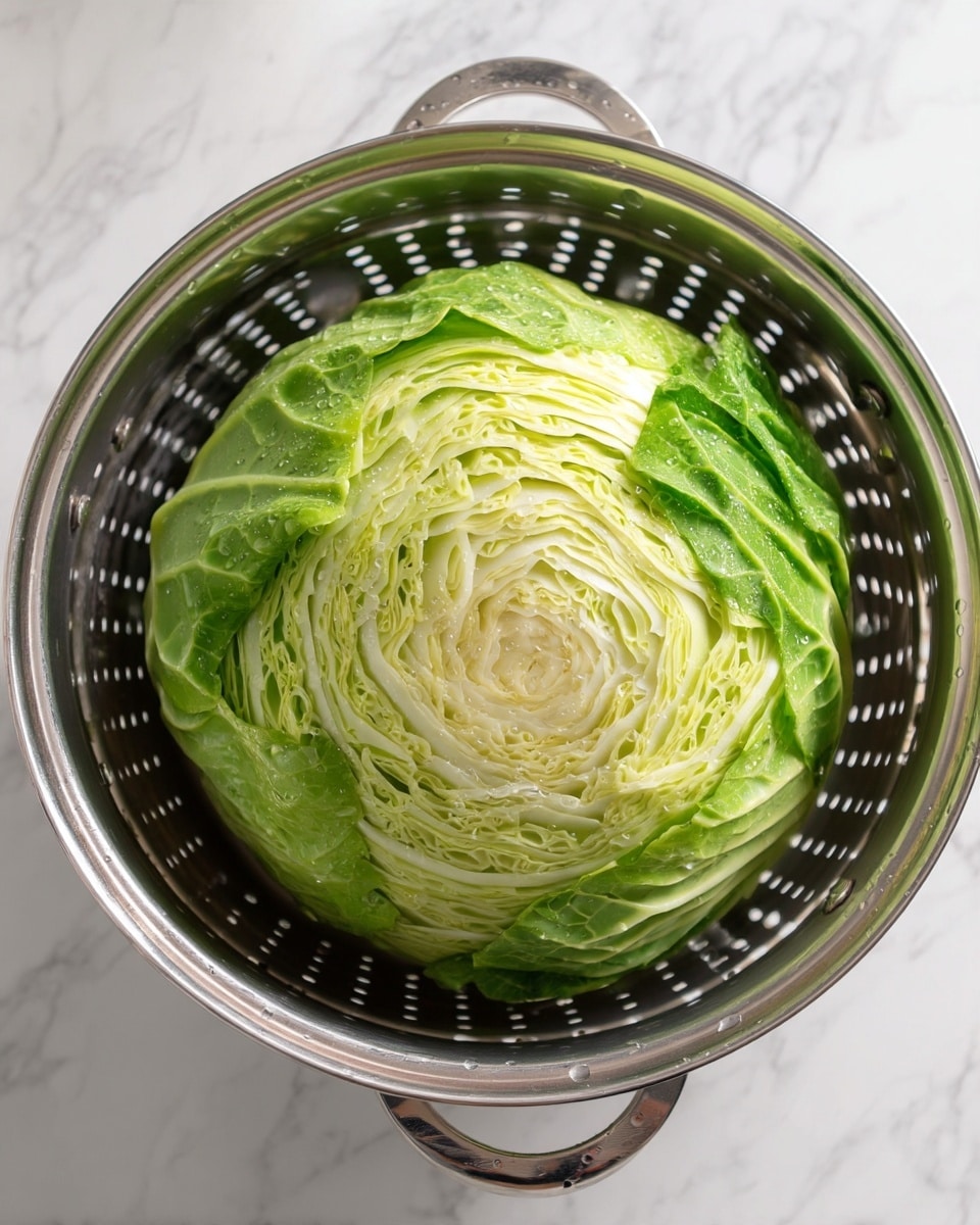 A single round green cabbage with tightly packed light green and pale yellow leaves sits in the center of a shiny silver metal steamer basket, which has small round holes all over its surface. The cabbage shows a smooth outer layer with moisture droplets. The steamer basket is placed on a white marbled surface, and the image is taken from above. photo taken with an iphone --ar 4:5 --v 7