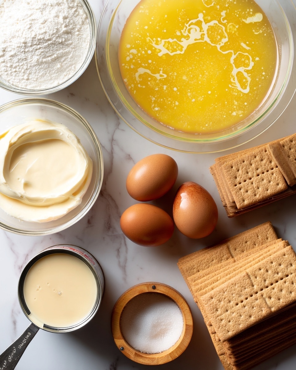 The image shows a wooden surface with ingredients for a dessert. In the center is a large clear glass bowl filled with melted butter, yellow and smooth with some white spots. To the right of the bowl, two brown eggs lie close together. Above the eggs, a small clear glass bowl contains a light beige liquid. Near the bottom left are two open cans filled with creamy, light yellow condensed milk. Next to the cans, a metal measuring cup holds a white, thick substance, likely cream cheese or similar. To the right of the measuring cup is a neat stack of rectangular graham crackers with tiny holes, light brown in color. At the bottom right corner, a small round wooden container with a lid holds white granulated sugar. The background is a white marbled texture. Photo taken with an iphone --ar 4:5 --v 7