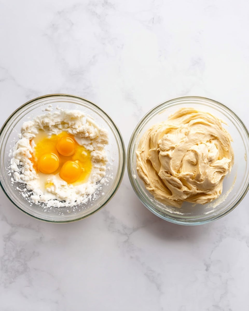 The image shows two clear glass bowls side by side on a white marbled surface. On the left, the first bowl contains a mixture with a rough, crumbly white layer around the edges, and two bright yellow egg yolks sitting in the center, slightly mixed with some white liquid. On the right, the second bowl holds a smooth and creamy light beige dough with soft peaks and folds, evenly blended and resting in the middle of the bowl. photo taken with an iphone --ar 4:5 --v 7
