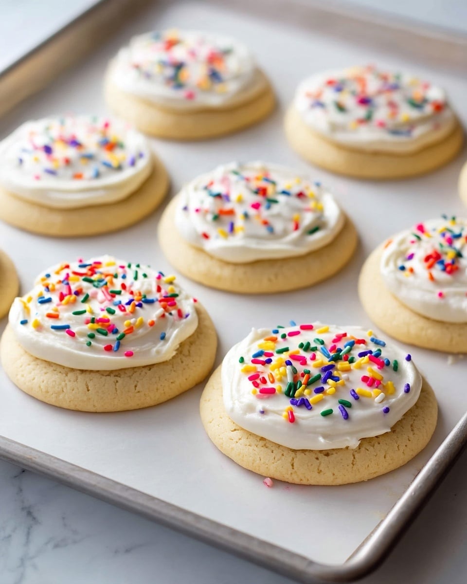 The image shows soft round cookies before and after frosting. On the left, six light golden-brown cookies lie flat on a white parchment-lined baking tray, arranged evenly in two rows of three, with a smooth and slightly bumpy surface. On the right, a close-up of similar cookies reveals a thick layer of creamy white frosting on top, spread evenly in a round shape reaching the edges of each cookie. Brightly colored rainbow sprinkles decorate the frosting, scattered on and around the cookies. One cookie has a bite taken out of it, showing the soft texture inside. All items rest on a white marbled surface. Photo taken with an iphone --ar 4:5 --v 7