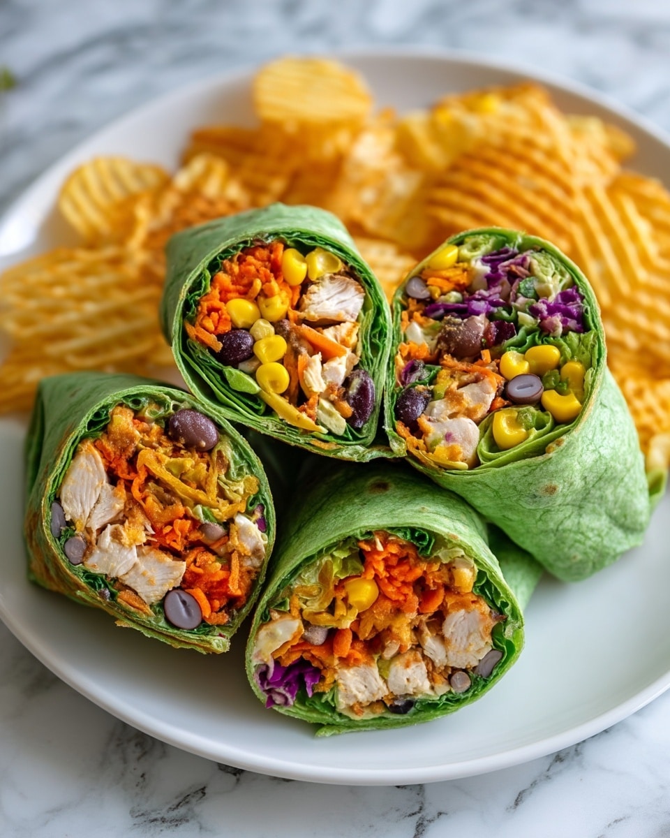 The image shows a white plate with four wrap halves arranged close together. Each wrap has a green outer layer and is filled with several colorful layers: light-colored cooked chicken pieces, shredded orange carrots, dark beans, yellow corn, green lettuce, and bits of purple cabbage. The textures inside look fresh and varied, with soft chicken, crunchy vegetables, and smooth beans. The background is a white marbled surface, and there are some waffle-style potato chips scattered near the top. photo taken with an iphone --ar 4:5 --v 7