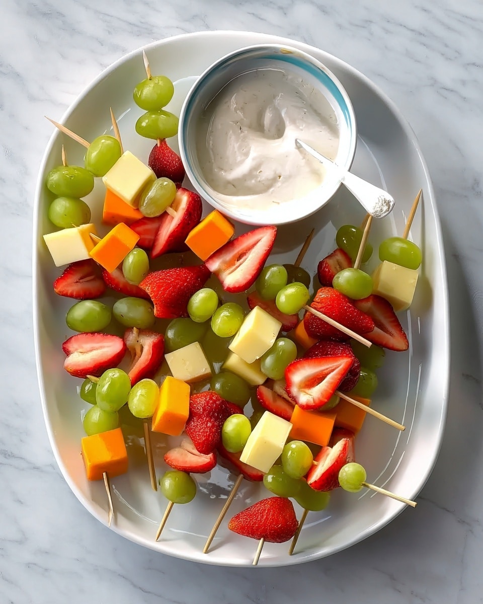 The image shows a white oval plate on a white marbled surface, filled with colorful fruit and cheese skewers. Each skewer has three layers of green grapes, pieces of orange cheddar cheese, cream-colored cheese cubes, and bright red strawberry halves, arranged in a mixed and scattered way. In the center of the plate is a small white bowl filled with a creamy white dip, with a small white spoon resting inside. The edges of the plate and the white marbled surface are clean and the light is bright, coming from above. photo taken with an iphone --ar 4:5 --v 7