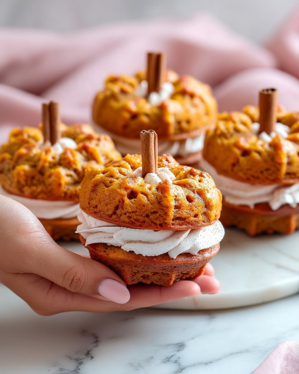 The image shows several small cupcake-sized cakes shaped and colored like pumpkins, each with an orange-baked textured top that looks bumpy like a pumpkin's skin. Each cake is split in the middle by a thick, light brown cream layer that looks smooth and fluffy. On top of each cake's rounded pumpkin-like top, there is a short cinnamon stick standing upright like a pumpkin stem. The cakes are placed on a white marbled surface with a soft pink cloth in the background. A woman's hand is gently holding one of the cakes at the front. The photo taken with an iphone --ar 4:5 --v 7