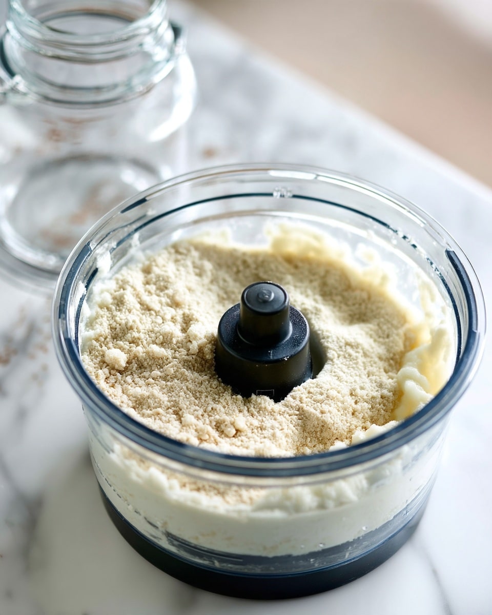 A glass blender bowl is filled with two main layers; the top layer is a light beige powdery substance covering about half the bowl, and the bottom layer is a thick, creamy white paste. The center of the bowl shows the blender blade in black, slightly rising above the blend. The bowl sits on a white marbled surface, and a glass jar stands nearby. Photo taken with an iphone --ar 4:5 --v 7