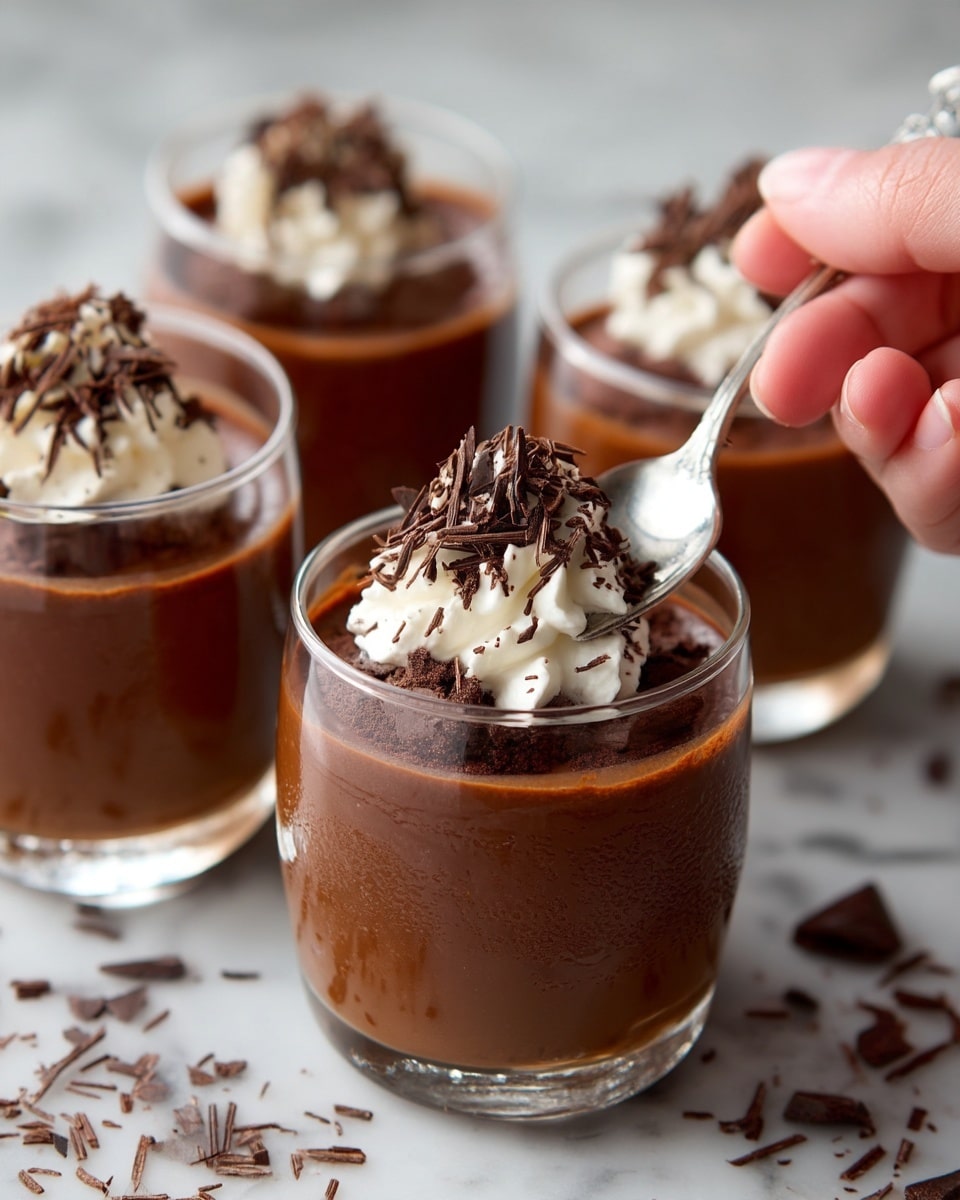 The image shows clear glass cups filled with three layers of dark brown chocolate mousse topped with a swirl of white whipped cream and dark chocolate shavings. Each cup stands on a white marbled surface, with some chocolate shavings scattered around. The mousse layer looks smooth and thick, while the whipped cream is fluffy and slightly peaked. A woman's hand holds a spoon near one of the cups, suggesting it is ready to be eaten. Photo taken with an iphone --ar 4:5 --v 7