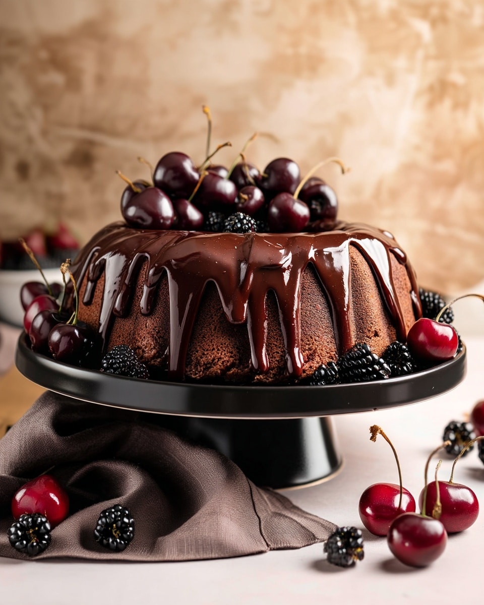 A rich chocolate bundt cake sits on a black cake stand, topped with dark, glossy chocolate ganache that drips down the sides in thick streams. The cake is surrounded by dark blackberries and deep red cherries with stems, some placed on the cake stand and others scattered around on a soft brown cloth on a white marbled surface. The background is a warm beige textured wall, adding a cozy contrast to the dark tones of the cake and fruit. Photo taken with an iphone --ar 4:5 --v 7