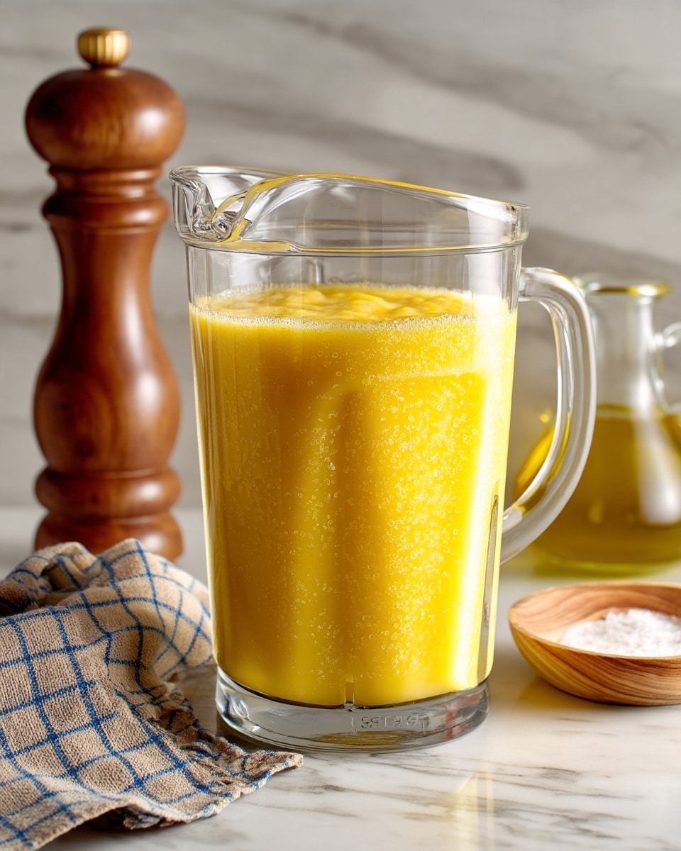A clear blender jug filled with a thick, smooth yellow mixture that appears creamy, with a slight jelly-like texture on top near the spout, sitting on a white marbled surface; to the left is a tall wooden pepper grinder and a beige and blue checkered cloth, while to the right is a small wooden bowl holding white salt and a small glass bottle with olive oil, all under soft natural light, photo taken with an iphone --ar 4:5 --v 7