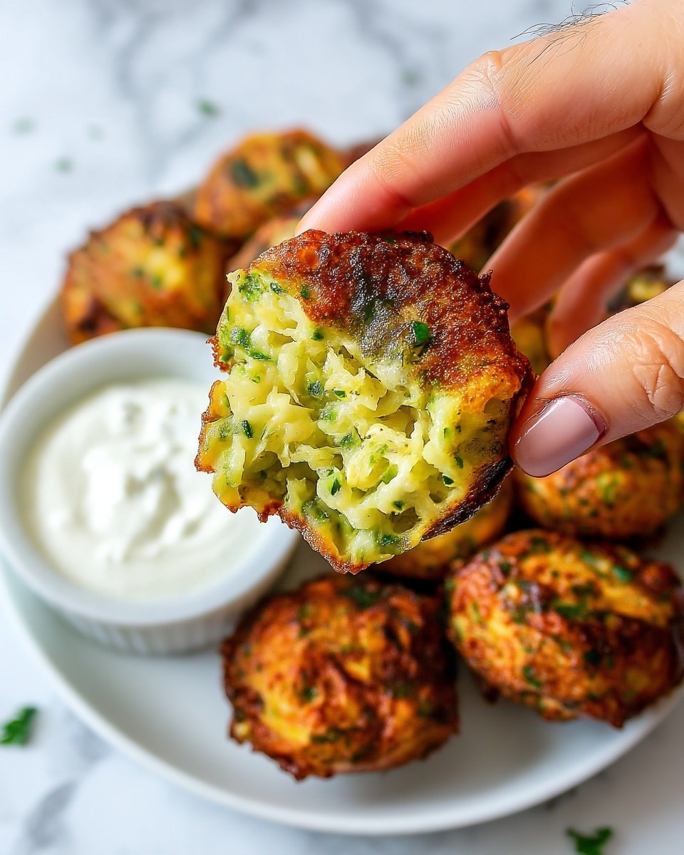 A close-up image shows a woman's hand holding a half-eaten golden-brown fritter with a rough, crispy outside and a soft, light yellow-green inside filled with small bits of vegetables and herbs. Below the fritter, there are more of the same fritters, round and textured, placed on a white plate. On the left side of the plate, there is a small white bowl filled with a creamy white sauce. The plate rests on a surface with a white marbled texture in the background. photo taken with an iphone --ar 4:5 --v 7