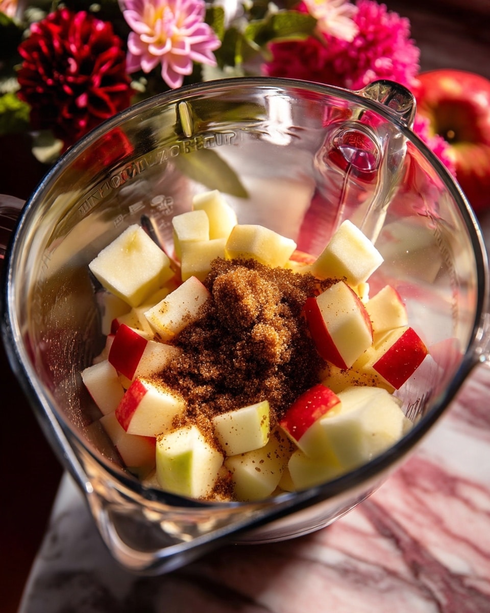 A clear glass blender pitcher holds small cubes of fresh apple showing red skin and pale inside, layered with a heap of dark brown sugar sprinkled on top, all sitting on a white marbled surface with blurred pink and red flowers in the background. photo taken with an iphone --ar 4:5 --v 7