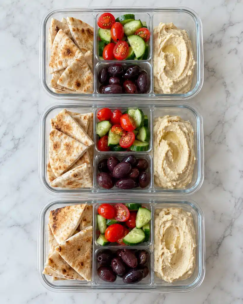 The Hummus Lunch Box Recipe 4 A clear divided lunchbox with four compartments is placed on a white marbled surface. The top left compartment contains a neat stack of green cucumber slices with smooth skin, layered next to bright red cherry tomatoes, glossy and plump. Below the tomatoes in the bottom left compartment are white strips of grilled chicken with slightly browned edges and a firm texture. The top right compartment has a smooth, creamy beige-colored spread, neatly swirled across the space. The bottom right compartment is filled with shiny, dark purple olives clustered together. photo taken with an iphone --ar 4:5 --v 7