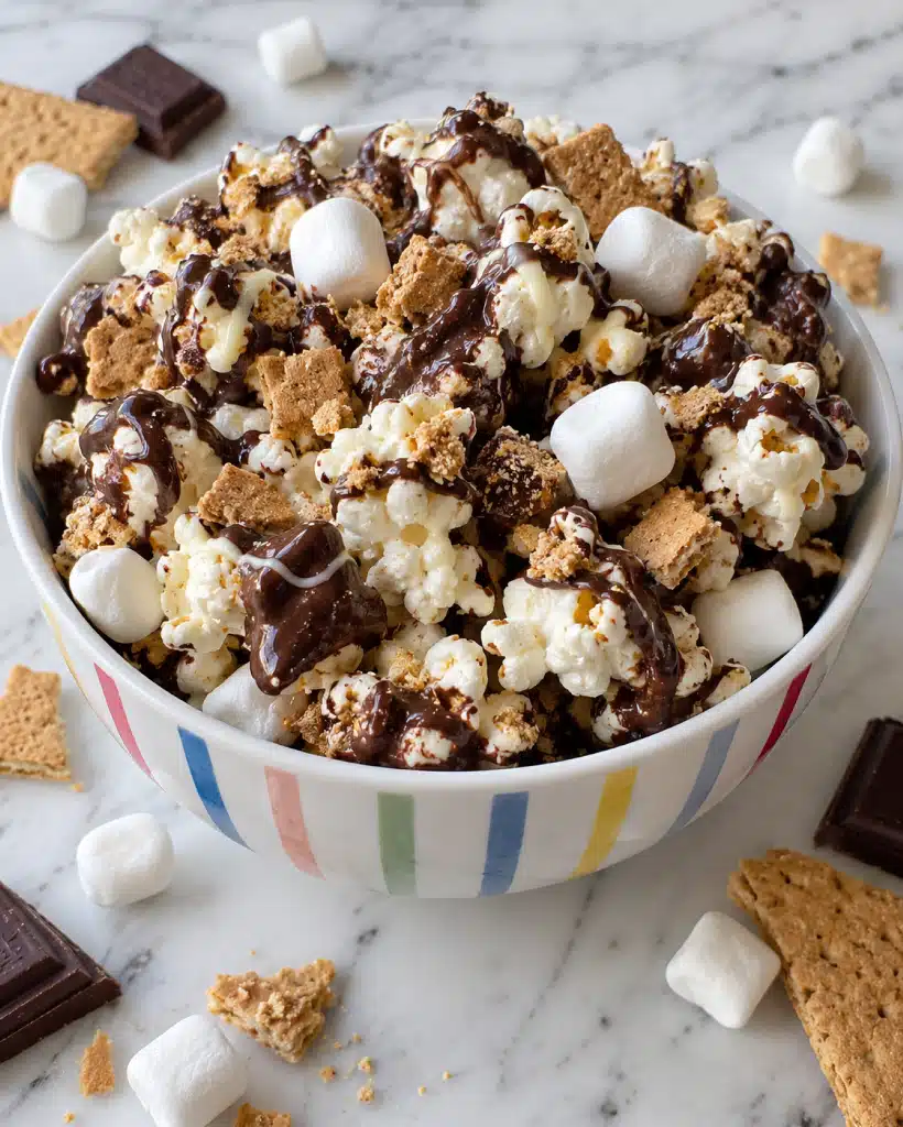 A white bowl full of popcorn covered in melted dark brown chocolate and sprinkled with crushed light brown graham crackers is placed on a white marbled surface. On top and mixed into the popcorn are many small white marshmallows. Around the bowl are broken pieces of dark brown chocolate bars and whole light brown graham crackers, along with scattered plain white marshmallows and popcorn pieces covered in chocolate. The scene has a casual, messy look with ingredients spread naturally. Photo taken with an iphone --ar 4:5 --v 7