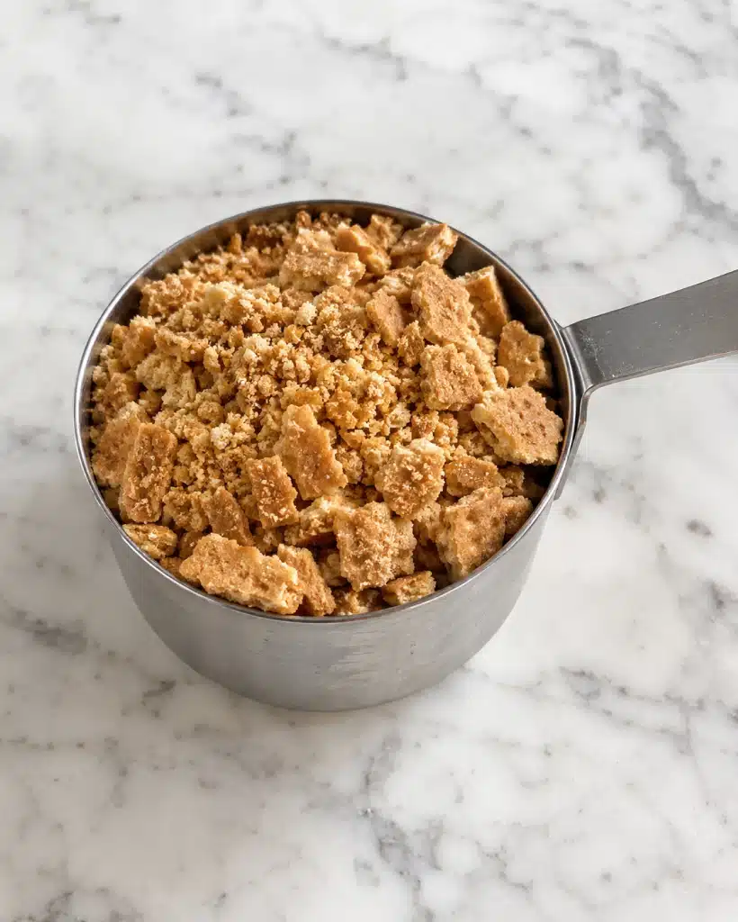 A metal measuring cup filled with crushed golden-brown cookie pieces, varying in size from small crumbs to larger chunks, with a rough and crumbly texture visible on all pieces, placed on a white marbled surface, the cup handle extending to the right side of the image photo taken with an iphone --ar 4:5 --v 7