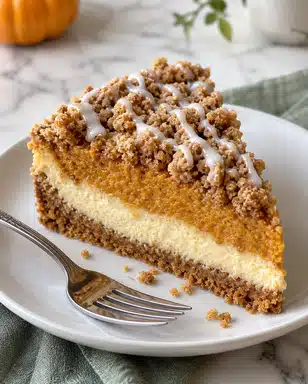 Pumpkin Cheesecake Crumb Cake Recipe 5 A single slice of crumb-topped pie sits on a white plate with a shiny metal fork beside it. The pie has three clear layers: a thick, pale yellow bottom layer with a smooth texture, a bright orange middle layer that looks creamy, and a crumbly golden-brown top layer with uneven pieces scattered on top. Thin white icing is drizzled unpredictably over the crumb layer, adding a slight contrast. The plate rests on a white marbled surface with a blurred background showing another whole pie. Photo taken with an iphone --ar 4:5 --v 7