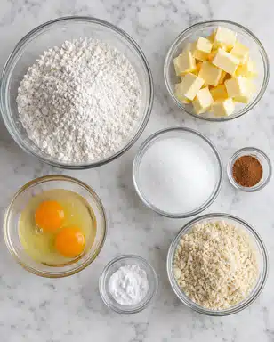 Pumpkin Cheesecake Crumb Cake Recipe 4 A setup of seven glass bowls on a white marbled table, each holding different baking ingredients. The top left bowl is large and filled with white flour with a soft, powdery texture. Next to it on the right is another bowl containing small, neat cubes of pale yellow butter. Below the butter is a bowl of fine white sugar, smooth and bright. On the bottom left is a bowl holding two raw eggs with clear egg whites and bright orange yolks. To the right of the eggs is a small bowl of white powder, baking soda, with a slightly grainy texture. Next to the sugar is a very small bowl of cinnamon powder, light brown, fine and soft. On the bottom right is a bowl filled with light beige almond flour or ground nuts, with a powdery but rough texture. All bowls sit on the white marbled surface. Photo taken with an iphone --ar 4:5 --v 7