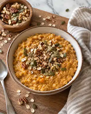 A close-up view of a thick, creamy orange oatmeal dish in a white bowl, topped with green pumpkin seeds and small chopped brown nuts scattered across the surface, with a silver spoon scooping a portion from the bowl, all placed on a white marbled background. The oatmeal has a soft, slightly chunky texture with a glossy, syrupy layer on top and a sprinkle of fine brown powder. Photo taken with an iphone --ar 4:5 --v 7