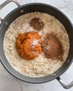 A close-up top view of a gray cooking pot filled with a mixture of oats and a light creamy liquid as the base layer. On top, there is a bright orange dollop of pumpkin puree slightly to the left of the center, surrounded by two piles of brown spice powders—one larger on the right and one smaller on the top—along with some white powder sprinkled over the orange and brown spices. The pot handle is shiny metal, and the background is a white marbled texture. photo taken with an iphone --ar 4:5 --v 7