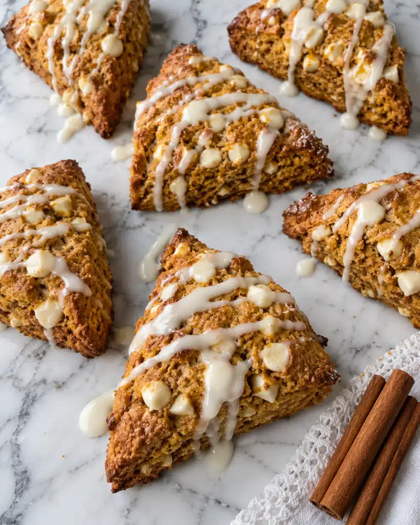 Pumpkin Scones with Maple Glaze and Pecans Recipe 5 The image shows several golden-brown triangular scones arranged on a white marbled surface. Each scone has a rough, crumbly texture with visible small white chips mixed into the dough. Thick, white icing is drizzled over the top in irregular lines, and there are also dollops of icing that have dripped onto the surface below. In the bottom right corner, three cinnamon sticks rest partially on a white cloth with lace edges. The light is soft and natural, highlighting the scones’ crisp edges and the smooth shiny icing photo taken with an iphone --ar 4:5 --v 7