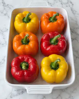 A white rectangular baking dish holds six whole bell peppers arranged in three rows and two columns. The top row has one yellow pepper on the left and one orange pepper on the right, both glossy with smooth textures. The middle row contains an orange pepper on the left and a red pepper on the right, both shiny and rounded. The bottom row shows a red pepper on the left and a yellow pepper on the right, also smooth and bright. All peppers have their green stems attached and are placed on a white marbled surface. photo taken with an iphone --ar 4:5 --v 7