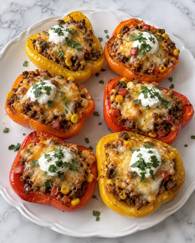 The image shows six stuffed bell pepper halves arranged on a large white plate with a subtle scalloped edge, placed on a white marbled surface. Each pepper half holds a mix of ground meat, corn, and diced vegetables, topped with melted cheese that is slightly browned and bubbly. On top of the cheese, there is a dollop of white sour cream, sprinkled with finely chopped green herbs. The stuffed peppers are in bright yellow and orange-red colors, creating a vibrant contrast with the white plate and background. Some small bits of herbs are scattered around the plate for decoration. Photo taken with an iphone --ar 4:5 --v 7