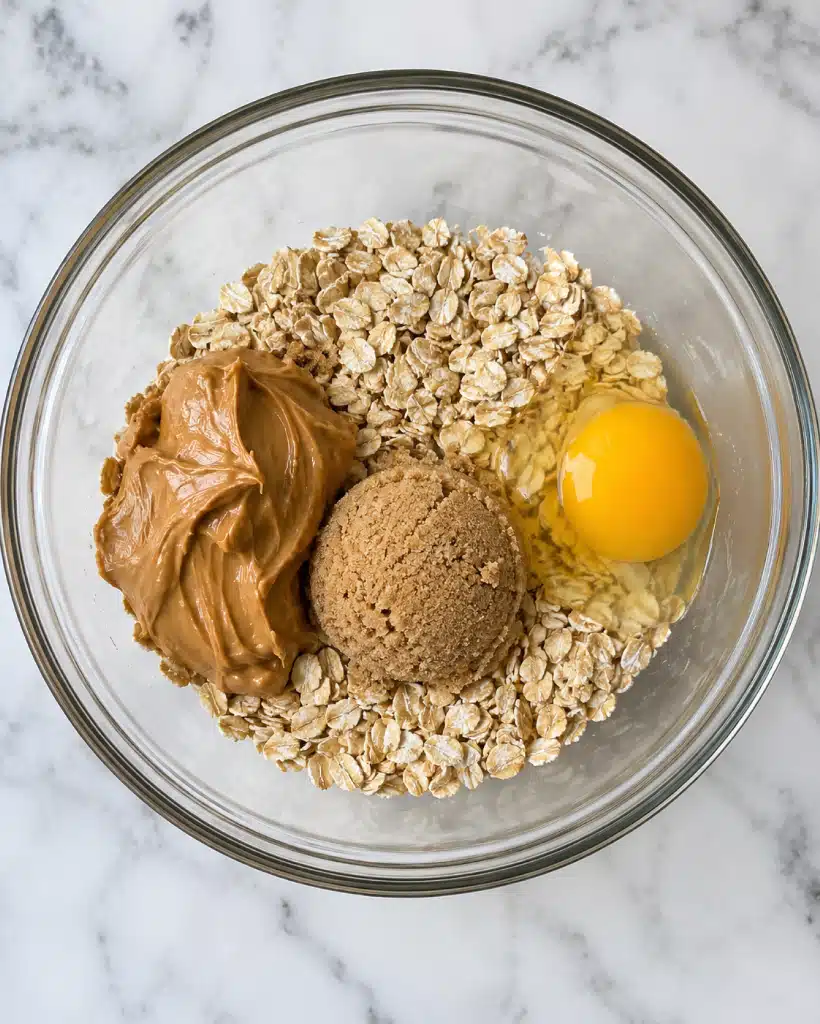 A clear glass bowl sits on a white marbled surface, filled with four different ingredients. The bottom layer is made of light beige rolled oats spread evenly in the bowl. On top of the oats, there is a round, light brown scoop of brown sugar at the center. Next to it, a large dollop of smooth, creamy peanut butter in a rich tan color is placed on the left side. To the right of the brown sugar, a raw egg yolk with a bright yellow color and a small white spot rests on the oats. All ingredients sit separately, showing their textures clearly. The photo taken with an iphone --ar 4:5 --v 7