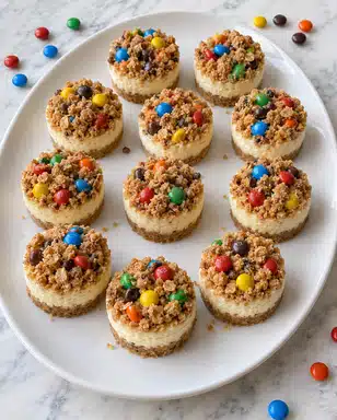 A white oval plate holds twelve mini cheesecakes arranged evenly. Each mini cheesecake has three layers: at the bottom a light brown crumb crust, in the middle a smooth, pale cream cheesecake layer, and on top a crumbly golden brown oat topping mixed with colorful candy pieces in red, blue, green, yellow, orange, and brown scattered on the crumbs. More of the same colorful candy pieces are scattered loosely around the plate on a white marbled surface. The photo taken with an iphone --ar 4:5 --v 7