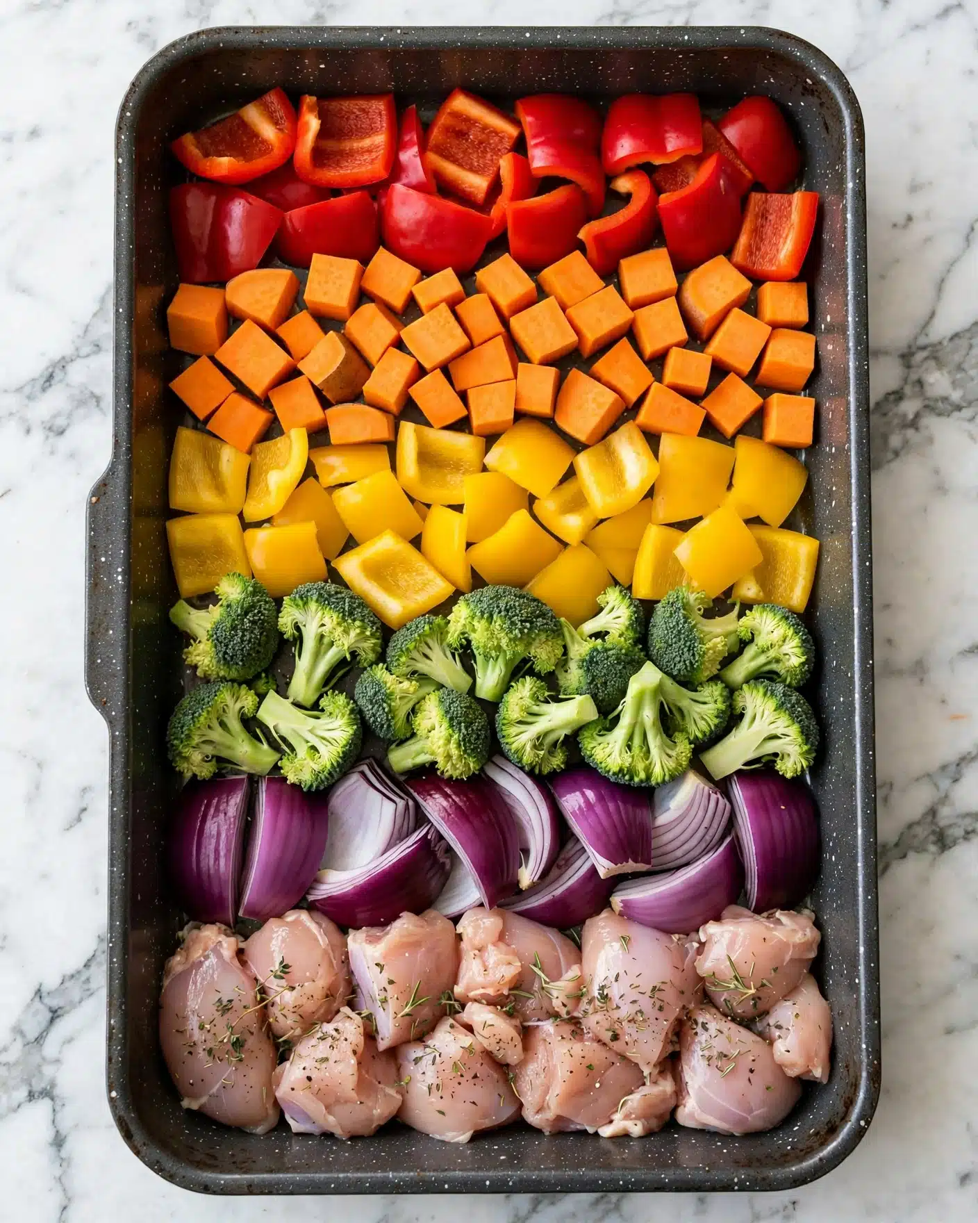 This image shows a roasting pan with six layers of ingredients arranged in rows. Starting from the top, there are red bell pepper pieces, bright orange sweet potato chunks, yellow bell pepper pieces, green broccoli florets, deep purple onion wedges, and seasoned raw chicken pieces lightly sprinkled with herbs at the bottom. The pan is on a white marbled surface. photo taken with an iphone --ar 4:5 --v 7
