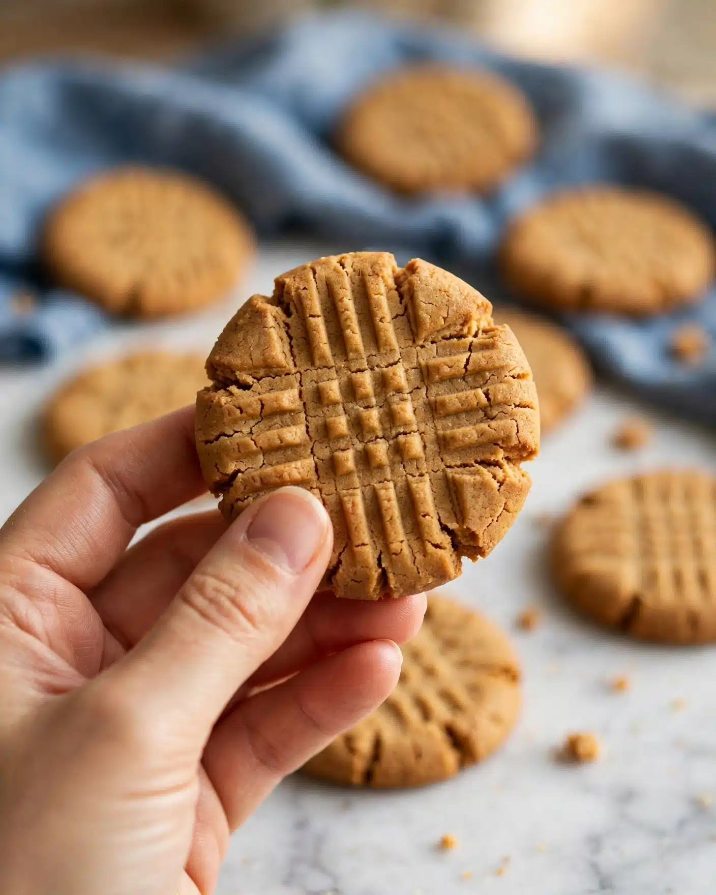 Easy Old-Fashioned Peanut Butter Cookies Recipe 5 A close-up image showing a woman's hand holding a round peanut butter cookie, golden brown in color with crisscross fork marks on the top. In the background, more cookies lie scattered on a white marbled surface and blue cloth, creating a soft, warm atmosphere with a focus on the single cookie in hand. The cookie has a slightly rough texture with visible small cracks, and the background is blurred to highlight the main subject. photo taken with an iphone --ar 4:5 --v 7