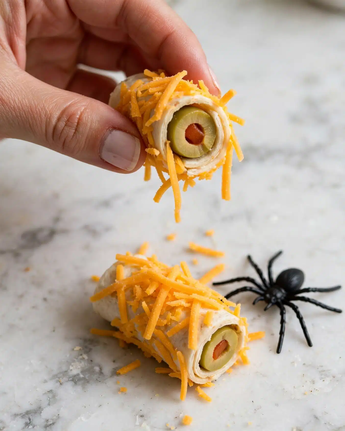 Spooky Eyeball Olive Puffs Recipe 4 A woman's hand holds a small rolled appetizer made of a soft light beige tortilla wrapped around a green olive with a red pimento in the center; the outside of the roll is covered with bright orange shredded cheese, with some cheese shreds falling off. Below the hand on a white marbled surface, another similar roll topped with shredded cheese is visible, along with a black plastic spider decoration nearby. Photo taken with an iphone --ar 4:5 --v 7