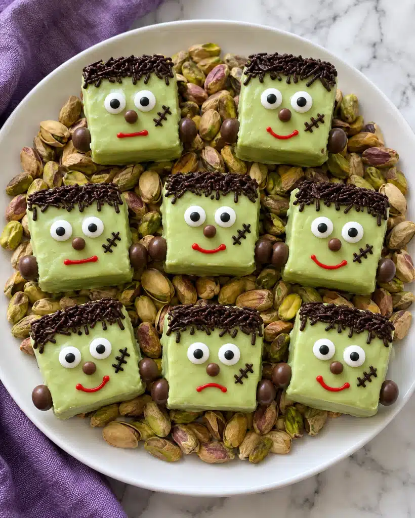 A round white plate filled with pistachio nuts as the base layer, topped with eight small square-shaped cakes designed to look like Frankenstein faces. Each cake has a smooth pale green icing layer covering it, with chocolate sprinkles on top forming hair. The eyes are made of two white circular candies with black centers, placed near the top of each cake. A small rounded nose-like candy is in the middle of the face. There are stitched scar marks drawn in dark chocolate on one side of each face. The mouths are drawn with red icing, showing different expressions, mostly straight or slightly curved lines. On each side of the cakes, near the bottom, there are two round chocolate candies acting as bolts. The plate sits on a white marbled surface with a purple cloth partially visible on one side. The photo was taken with an iphone --ar 4:5 --v 7