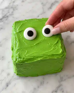 A small, square-shaped cake covered smoothly in bright green icing sits on a white marbled surface. On top, there are two large, round candy eyes with white backgrounds and black centers being placed by a woman's hand, adding a playful touch. The cake looks soft with a shiny finish on the green layer, and the eyes give the cake a cute face-like appearance. The scene has a simple and clean look because of the white marbled background. photo taken with an iphone --ar 4:5 --v 7