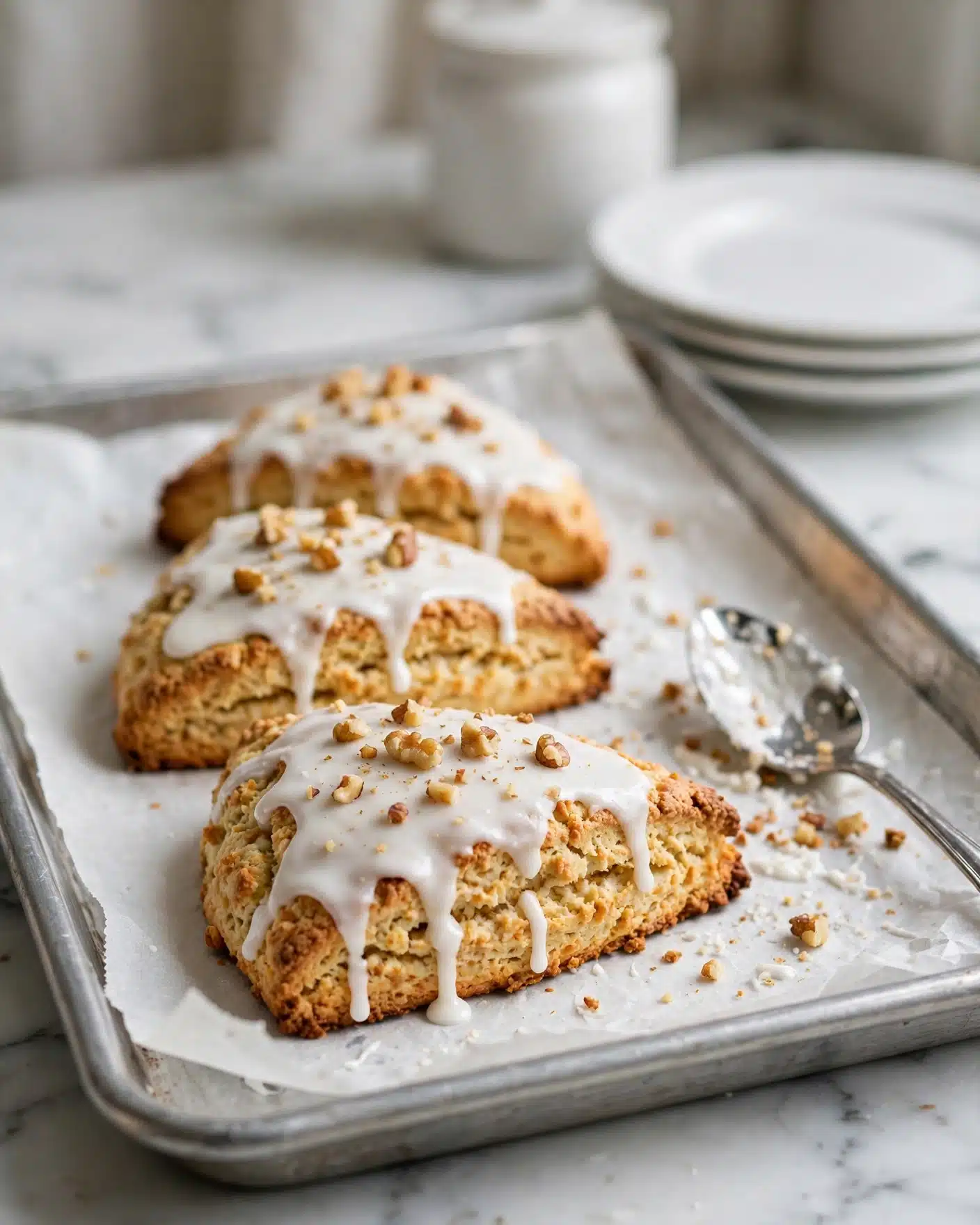 Pumpkin Scones with Maple Glaze and Pecans Recipe 4 Three triangular golden-brown scones sit on white parchment paper inside a silver metal baking tray. Each scone is topped with smooth white icing that drips down the sides and is sprinkled with small chopped nuts. To the right of the scones is a shiny silver spoon resting on the parchment with a bit of leftover icing and crumbs around it. In the background, there is a soft-focus stack of white plates and a white jar on a white marbled surface. Photo taken with an iphone --ar 4:5 --v 7