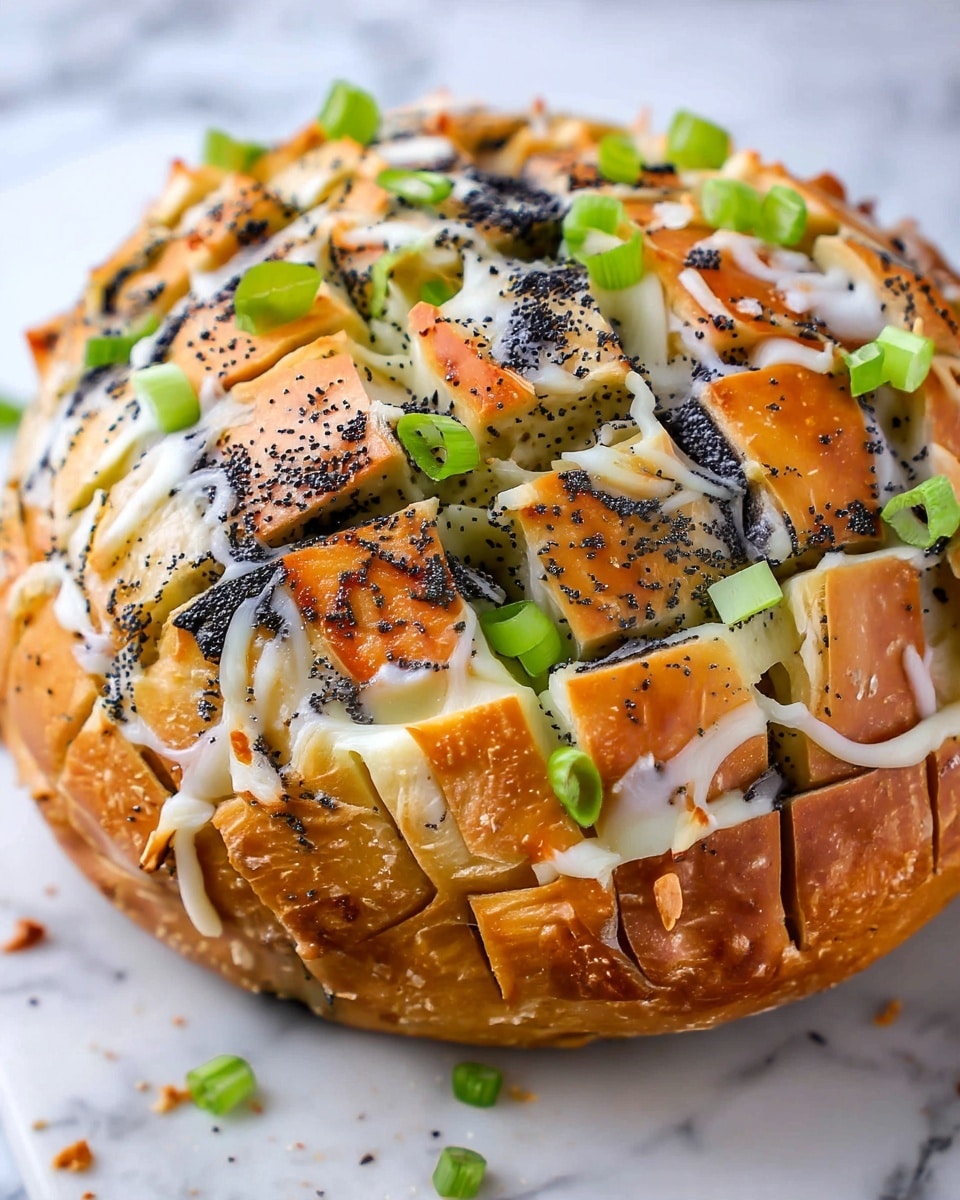 A round loaf of bread sits on a white marbled surface, scored in a crisscross pattern creating many square pieces. The bread is golden brown with melted white cheese flowing through the cuts. Black poppy seeds are sprinkled on top along with small bright green onion pieces scattered over the surface. The texture shows the soft cheesy insides contrasted with the crispy crust. The bread looks warm and inviting with a mix of creamy, crunchy, and fresh details. photo taken with an iphone --ar 4:5 --v 7