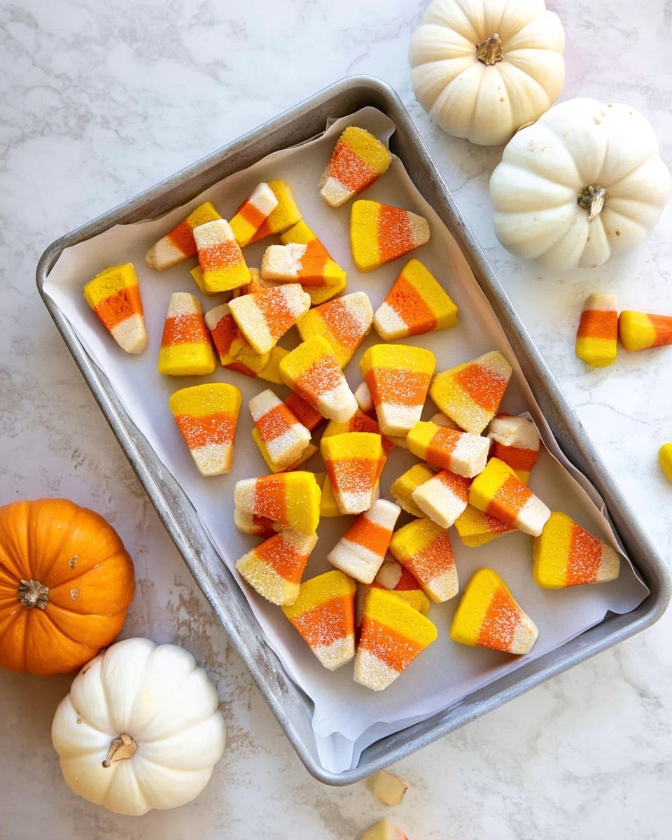 A baking tray lined with parchment paper holds many candy corn shaped cookies, each cookie has three clear layers with colors from bottom to top: bright yellow, bright orange, and white, with a sugar-coated texture. Some cookies are cut in half showing the layers better. The tray sits on a white marbled surface with three small white pumpkins nearby, adding a seasonal touch. Photo taken with an iphone --ar 4:5 --v 7