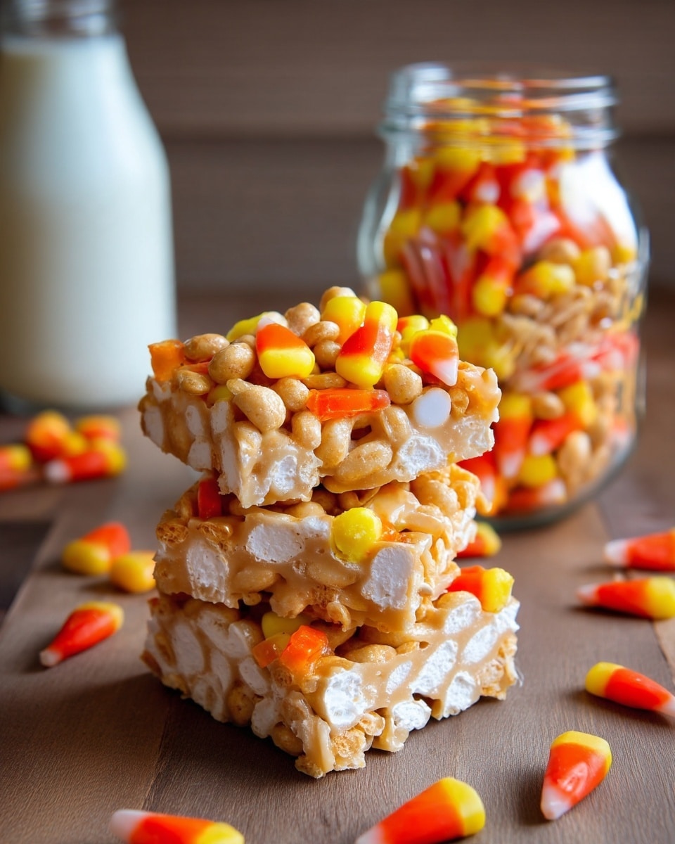 The image shows three thick, square-shaped bars stacked on a white plate placed on a white marbled surface. Each bar has a creamy light brown base with visible white mini marshmallows mixed inside, giving a fluffy texture. Scattered on the top and around the bars are bright orange, yellow, and white candy corn pieces and a few whole peanuts adding pops of color and crunch. The bars look dense, chewy, and sweet with a mix of smooth and chewy textures. Some candy corn pieces lie on the plate next to the stack, enhancing the festive look. Photo taken with an iphone --ar 4:5 --v 7