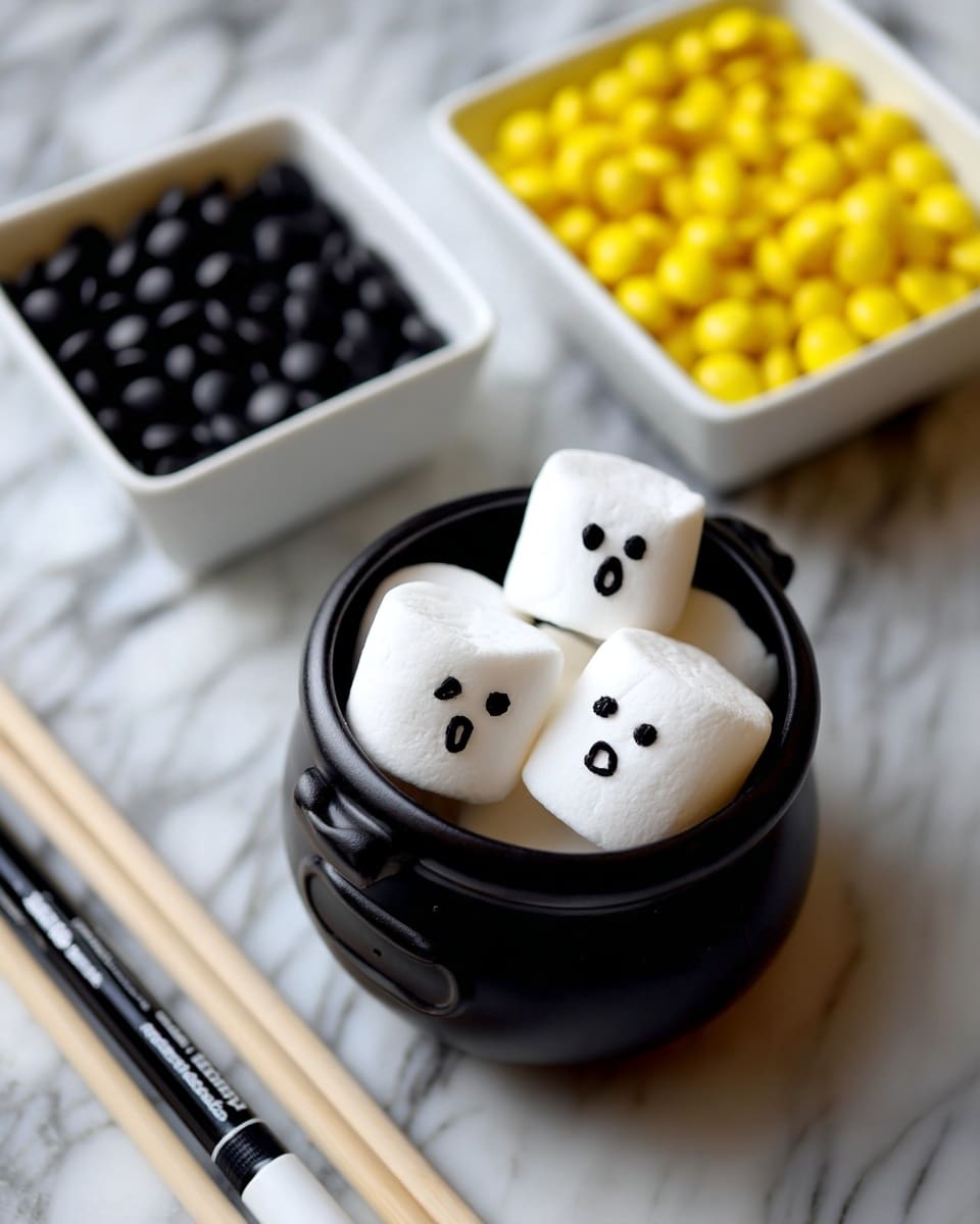 A small black round pot is placed on a white marbled surface, filled with three white marshmallows that each have a simple surprised face drawn on them in black. Behind the pot, there is a white square bowl with bright yellow round candies inside and another white square bowl with black round candies further back. Two light-colored chopsticks and a black marker pen with a white cap lie diagonally between the bowls, all set on the white marbled background. Photo taken with an iphone --ar 4:5 --v 7
