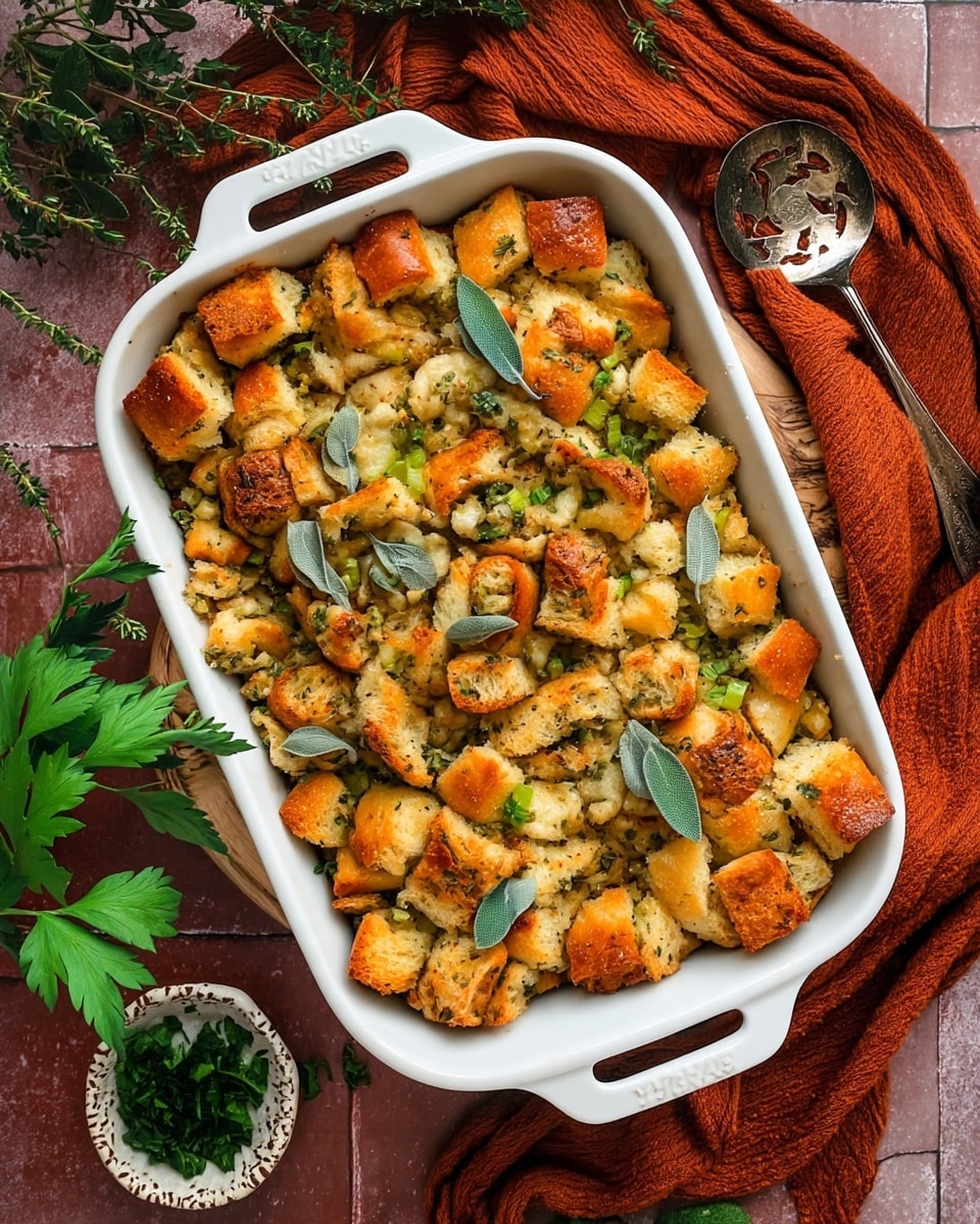 The image shows a white rectangular baking dish filled with a golden brown stuffing made of small bread cubes mixed with finely chopped green herbs and small pieces of celery. The top layer is uneven with crispy toasted bits and garnished with a few sage leaves scattered on the surface. The baking dish sits on a dark surface covered partly by an orange-brown textured cloth. Around the dish, there are green leaves and a small white bowl with chopped herbs. A large vintage-style silver spoon with cut-out shapes is placed on the right side. The background is a white marbled texture. photo taken with an iphone --ar 4:5 --v 7