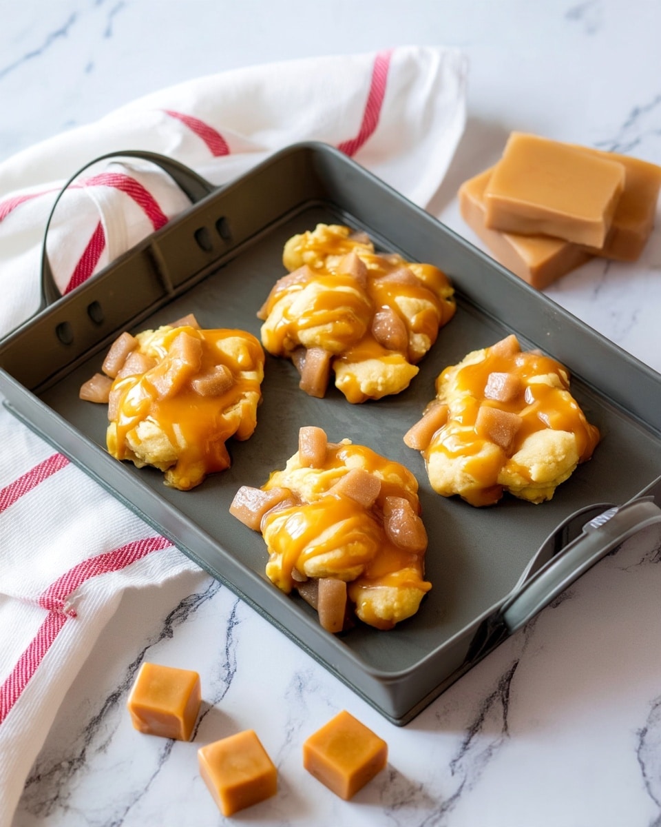 The image shows four small, uneven shaped clusters of dough with caramel and small light brown chunks on top, arranged in a dark gray baking tray with handles on each side. The dough is pale yellow with a soft texture, covered by a shiny layer of thick caramel sauce and scattered light brown pieces, possibly caramel or apple chunks. The baking tray sits on a white marbled surface with two caramel squares nearby, and a white kitchen towel with red stripes is draped partly behind the tray. Photo taken with an iphone --ar 4:5 --v 7