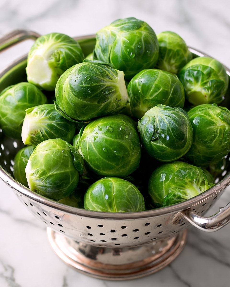 A shiny metal colander filled with many fresh green Brussels sprouts. The sprouts are round and tightly packed, showing bright green leaves with lighter green and white stems at the bottom. Tiny water drops are visible on the shiny surface of the sprouts and the holes of the colander shine softly. The background shows a white marbled texture, emphasizing the fresh look of the vegetables. photo taken with an iphone --ar 4:5 --v 7