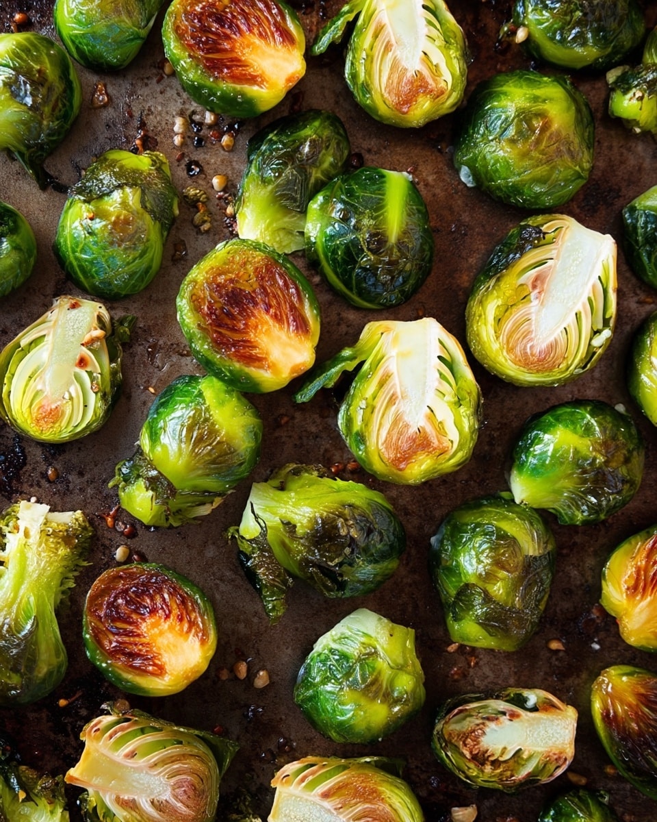This image shows a baking tray full of roasted Brussels sprouts, some whole and some cut in half, spread evenly across the tray. Each Brussels sprout has a bright green color with browned, crispy edges from roasting, creating a mix of shiny green outer leaves and light yellowish interiors visible in the cut halves. The tray surface underneath is dark and has small bits of roasted seasoning scattered around. The texture appears slightly wrinkled and caramelized on the outer leaves. photo taken with an iphone --ar 4:5 --v 7