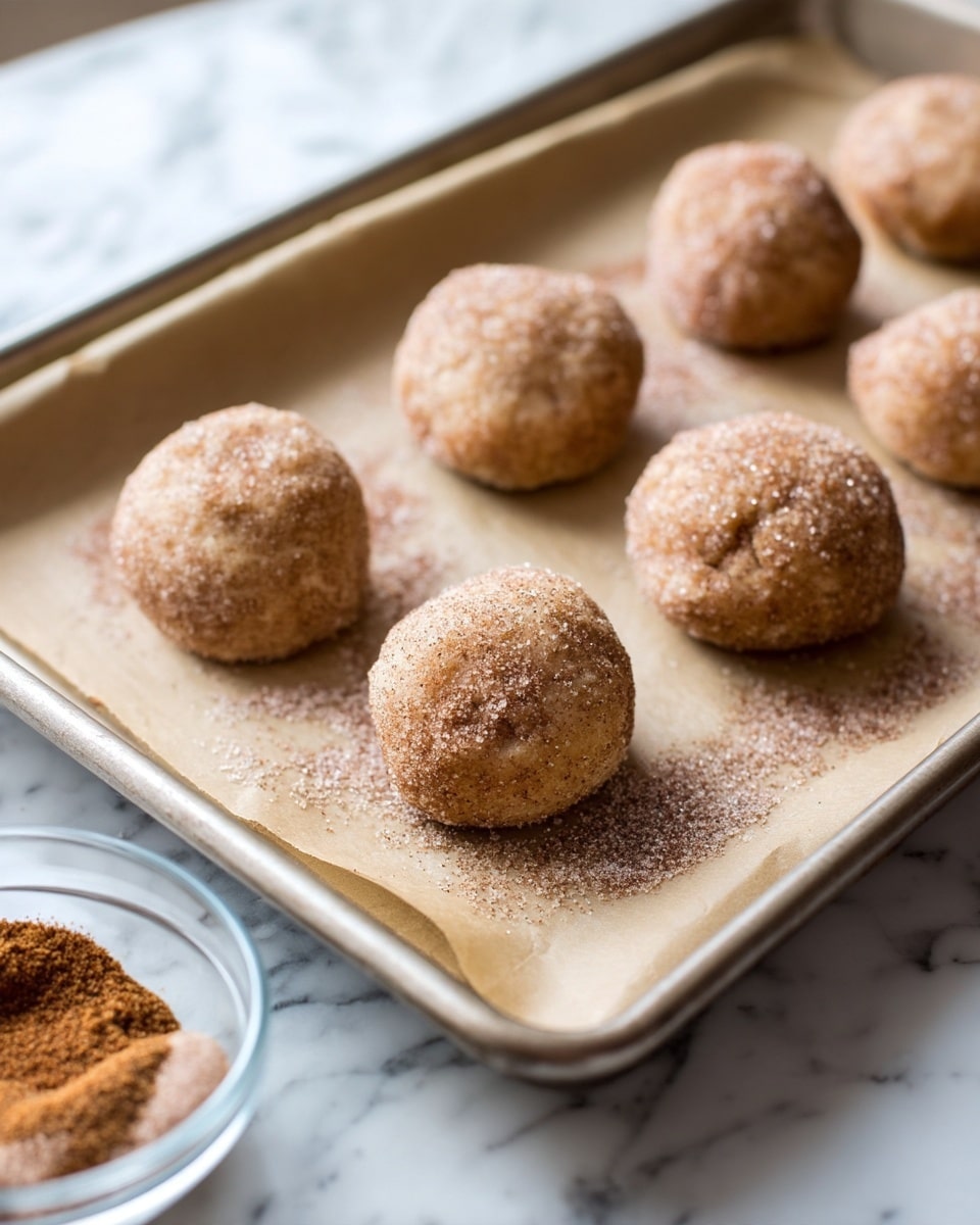 There are several round dough balls covered in light brown sugar and cinnamon placed close to each other on a baking tray lined with light brown parchment paper, the dough balls are rough textured and slightly uneven, giving a homemade look. The tray edges are metallic and the whole setup is seen on a white marbled surface with a glimpse of a glass bowl filled with sugar and cinnamon mix at the bottom left corner. photo taken with an iphone --ar 4:5 --v 7