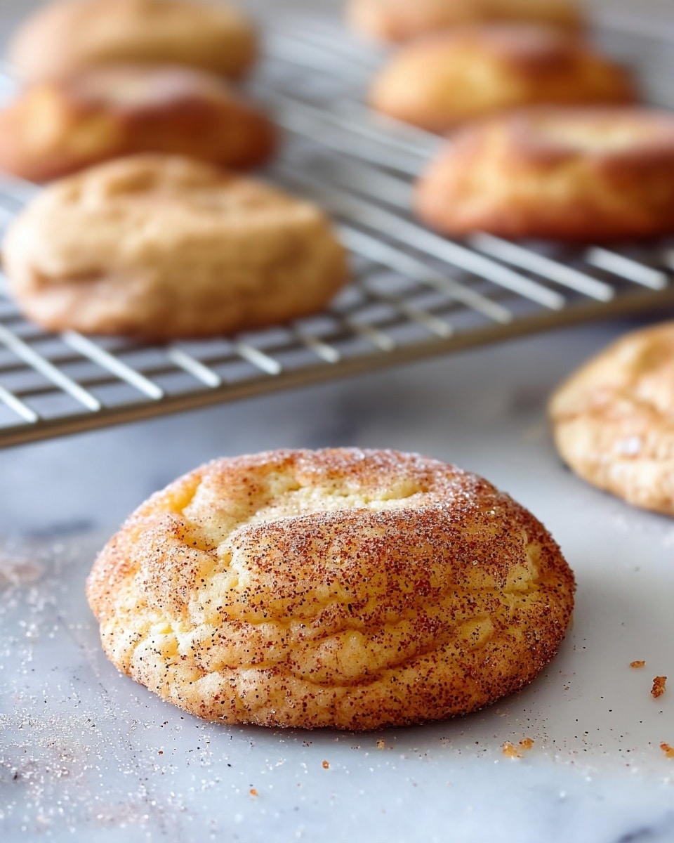 The image shows soft, round cookies with a light golden brown color and a slightly cracked surface, dusted with a fine layer of cinnamon sugar. One cookie is in the foreground on a white marbled surface, showing its soft and fluffy texture with small crumbs around it. In the background, several more cookies sit on a silver metal cooling rack, adding depth to the image. The whole scene has a warm, inviting feel. Photo taken with an iphone --ar 4:5 --v 7