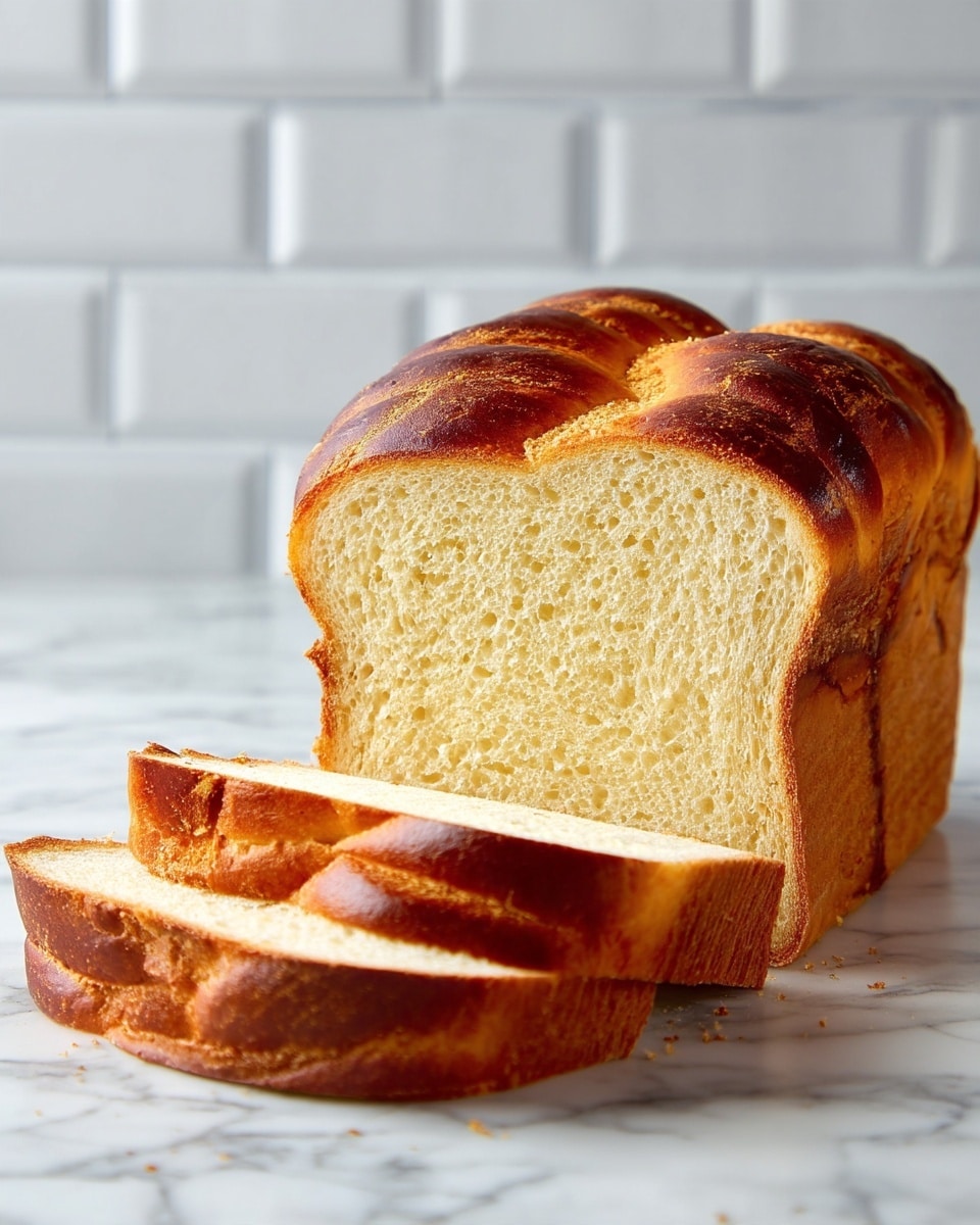 The image shows a loaf of golden brown bread on a white marbled surface with a white tiled wall in the background. The loaf is soft and fluffy with a shiny crust on top. Three slices are partially cut and leaning slightly, showing the light and airy texture inside with a smooth cream color. The whole loaf sits upright on the left side, while the slices lean to the right, revealing the soft inner crumb and smooth outer crust. Photo taken with an iphone --ar 4:5 --v 7